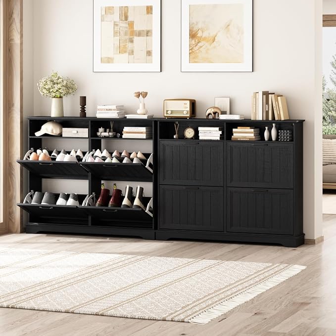Hidden Shoe Storage Cabinet with 4 Flip Drawers & Open Storage | Farmhouse Modern Shoes Rack Cabinet,Adjustable Shelves ,Narrow Slim Shoe Organizer for Front Door Entrance, Entryway, Black