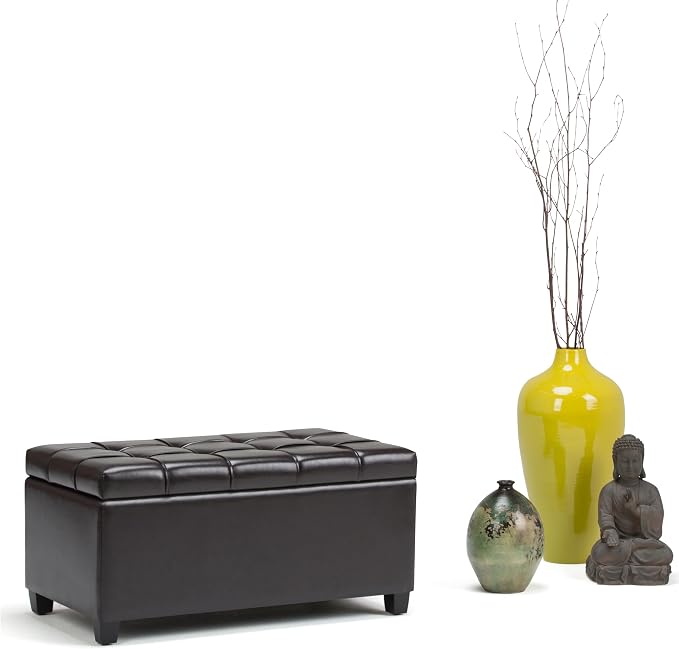 SIMPLIHOME Avalon 35" Wide Vegan Leather Storage Ottoman in Denim Blue | Transitional ottoman with tufting and lift-up lid; rectangle storage bench for living room or entryway.
