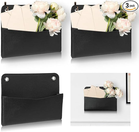 3 PCS Wall Mount PU Leather Mail Holder Black Faux Leather Letter Holder 2 Ring Wall Mail Organizer Stylish Wall Hanging Mail Storage for Flowers Envelope Key Notebooks Home Office Decor