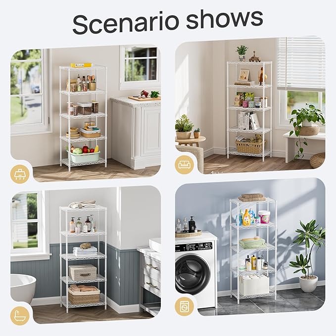 SINGAYE 5 Metal Shelves Wire Shelving Storage Shelf Adjustable Unit Pantry | 5 Tier Kitchen Laundry Room Organization Home Pantry Closet Bathroom Organizers Garage Rack 14" D x 24" W x 59.5" H White