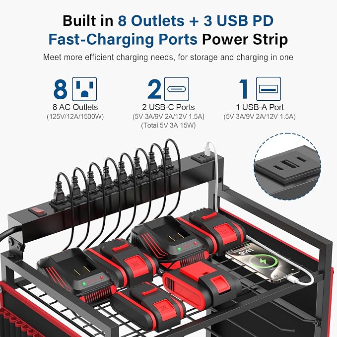 JUNNUJ Power Tool Charging Organizer Cart, 8 Outlet 3 USB, 6 FT Cord, Red | Floor Rolling, Large Tools Storage Cart on Wheels, Heavy Duty Drill Battery Station, Utility Rack Shelf for Garage Workshop
