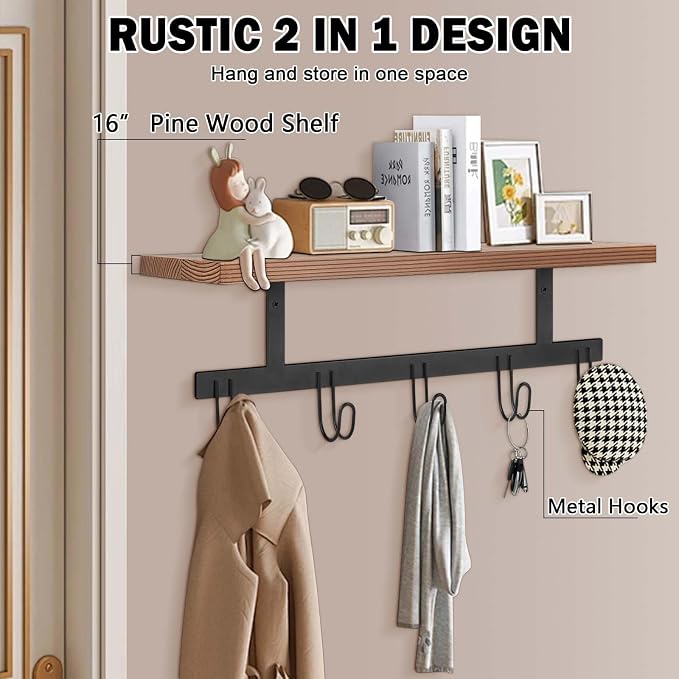 Livabber Wall Mounted Coat Rack with Wooden Shelf, Heavy Duty Wall Hanging Storage with 5 Metal Hooks for Bathroom, Entryway, Living Room, Bedroom (Black)