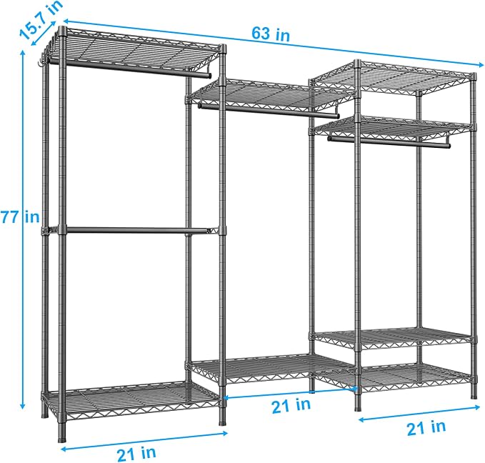 E13 Heavy Duty Clothes Rack（With 4 Hanger Rods & 8 Shelves） Freestanding Clothing Racks for Hanging Clothes，Adjustable Closet Organizer，Metal Garment Rack 63" W x16 D x77 H，Max Load 900LBS，Grey
