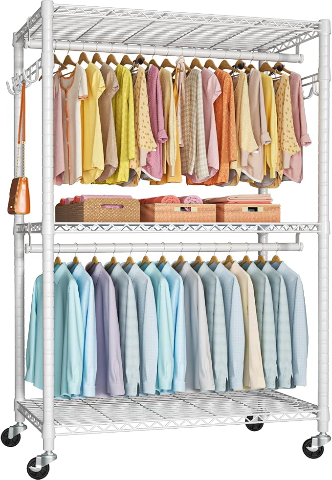 FUTASSI P1 Plus Rolling Clothes Rack, 22mm Diameter Heavy Duty Garment Rack | Freestanding Clothing Rack with Wheels and Double Rods, Portable Closet Wardrobe System Max Load 524lbs, White