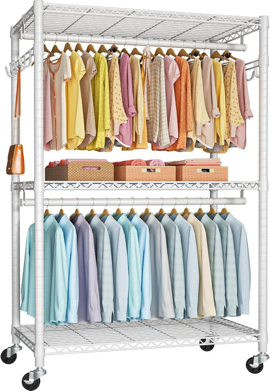FUTASSI P1 Plus Rolling Clothes Rack, 22mm Diameter Heavy Duty Garment Rack | Freestanding Clothing Rack with Wheels and Double Rods, Portable Closet Wardrobe System Max Load 524lbs, White