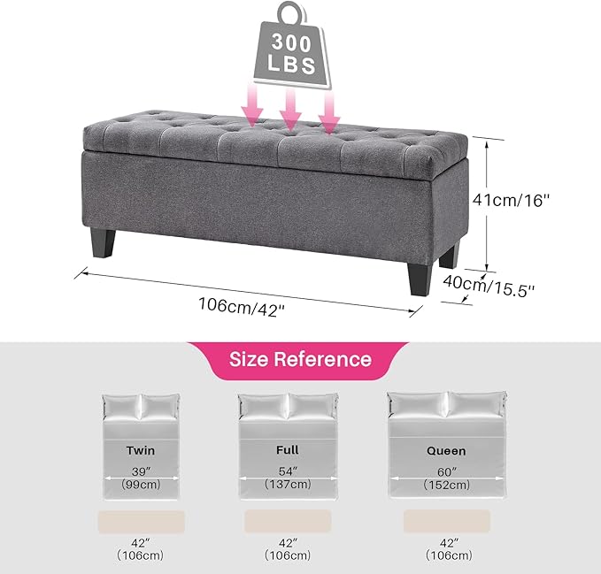 Redlife 42" Storage Ottoman Bench, End of Bed Storage Bench,330 LBS Load | Button Tufted Fabric , Solid Wood Leg, Safety Hinge, Ottoman with Storage for Bedroom Living Room Entryway, Gray