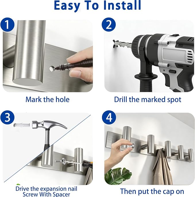 Brushed Nickel Coat Rack Wall Mount - 5 Hooks, Heavy Duty Stainless Steel Wall Hooks for Towels, Coats, Robes, Bags, Hats, Keys, Wall Coat Hanger for Bathroom, Entryway, Kitchen, Hotel, Bedroom,Office