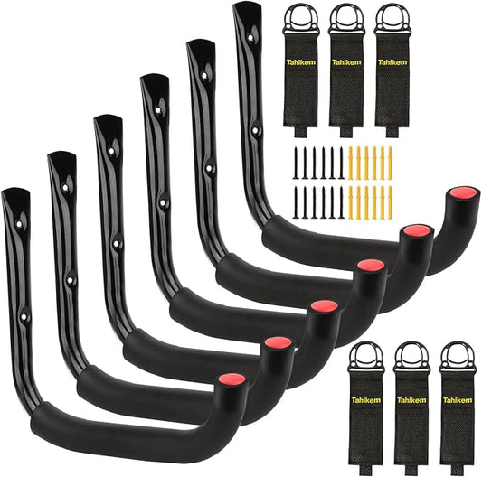 6 Pack 7-Inch Wall Mount Garage Storage Hooks for Ladder & Tools | Wall Mounted, Rust Resistant,Hooks with Installation, J Hooks for Ladder, Bike, Cable Bracket(Max 30 lbs)