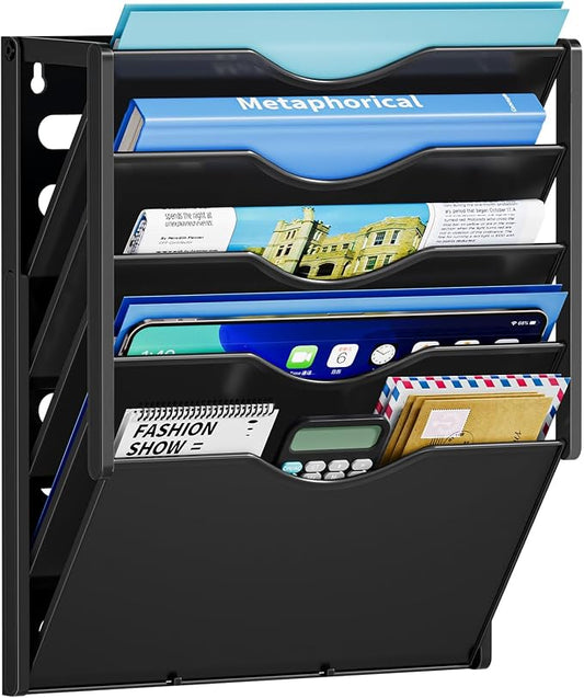 Marbrasse 5 Tier Wall File Organizer, Plastic Hanging File Holder for Mail, Magazines Paper Organizer Wall Mounted for Office Home (Black)