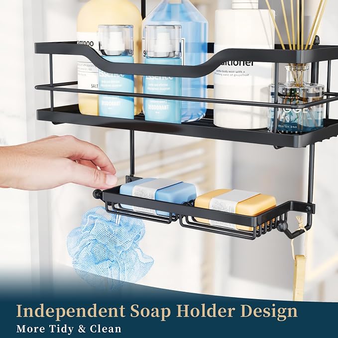 Consumest Over The Door Shower Caddy - 3 Tier Shower Shelves Hanging with Soap Holders, Large Capacity Shower Organizer with 6 Hooks, Bathroom Rack and Storage, Black