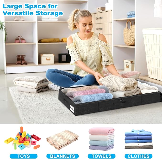 Under Bed Storage Container Bins 2 Pack, 4 Inch Thin Low Profile Underbed Clothes Storage Organizer for Dorm & Home, Use for Blanket and Toy Storage Box W/ Sturdy Bottom/Sides, Foldable Thick Fabric