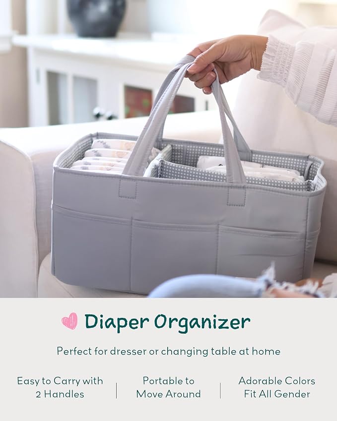 Diaper Caddy Organizer with 8 Pockets, Wipeable Baby Caddy Basket for Diapers and Wipes, Baby Registry Favorites, Nursery Tote Bag for Changing Table or Car (Heather Grey, Large)