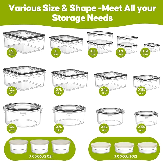42 PCS Food Storage Containers with Lids (21 Containers & 21 Lids) - Reusable Plastic Food Containers for Kitchen Storage and Organization BPA-Free Leakproof Meal Prep Container with Labels & Pen