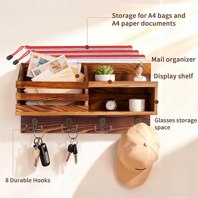 Key and Mail Holder for Wall, Mail Organizer Wall Mount with Shelf, Farmhouse Entryway Organizer for Keys, Wallet, Dog Leash, Sunglass (Brown)