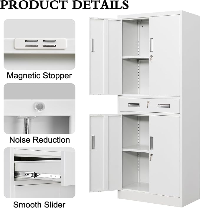 CJF 71" H Tall Metal Storage Cabinet with Drawer, Locking Garage Cabinet with 2 Adjustable Shelves, Heavy-Duty Tool File Storage Cabinets for Home Office, Kitchen, Warehouse, Shop (White)