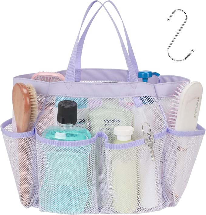 Mesh Shower Caddy Portable - 8 Pockets, S-Hook, Shower Bag for Dorm Camping | 2-Handle, Quick-Dry, Hanging Toiletry Organizer, College Dorm Room Essentials for Girls, Gym, Travel & Bathroom, Purple