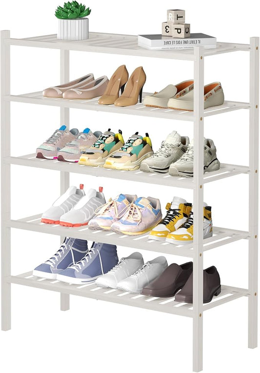 ROMGUAR CRAFT 5 Tier Bamboo Shoe Rack for Closet Free Standing Wood Shoe Shelf for Entryway Small Space Stackable 27"x11"x33" (White)
