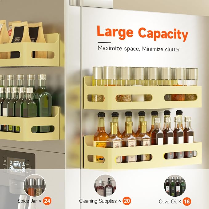 Sevenblue 4-Pack Magnetic Spice Rack for Refrigerator with Hooks, Yellow | Strong multipurpose magnetic shelf for kitchen & bathroom organization. Includes 4 removable hooks for hanging items.