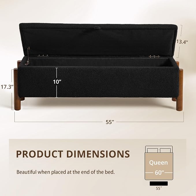55'' Modern Storage Ottoman Benches | Walnut Wood Legs 26 Gallons Storage Space Fabric Upholstered Seating End of Bed for Bedroom for Livingroom Black