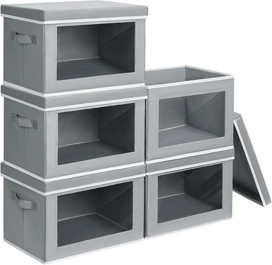 Homsorout Stackable Storage Bins with Lids - Medium Storage Box with Lids, Foldable Closet Boxes for Organizing, Wardrobe Clothes Organizer with Window, Cubes Bins for Living Room, 5 Pack, Grey