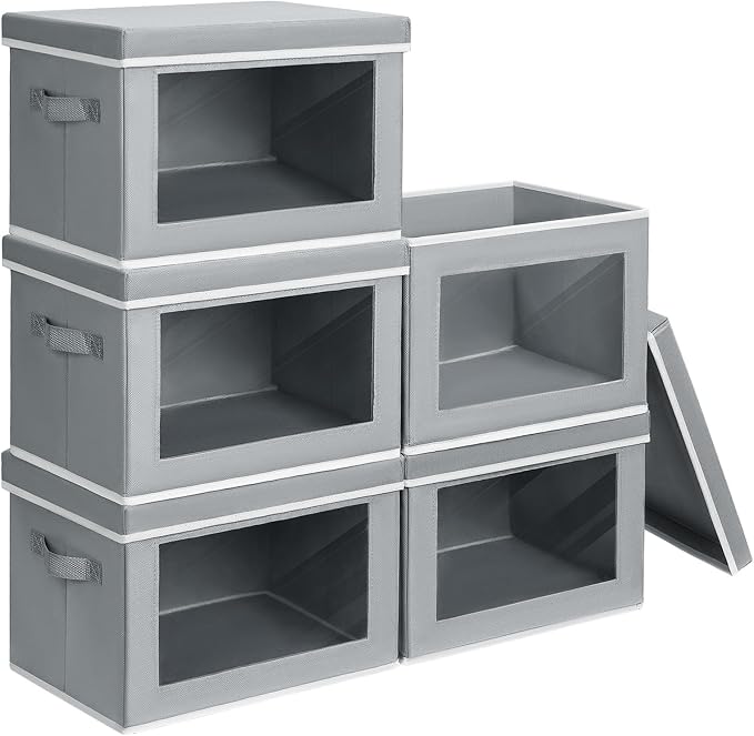 Homsorout Decorative Bins with Lids - Stackable Cube Bins for Closet, 5 Pack Clear Windows Fabric Organizer Bins, Home Organizers and Storage for Clothes, CD, Towels, Grey