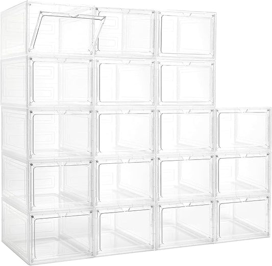 LXLXXL 18 Pack Storage Bins with Lids, 19 Qt Stackable Clear Storage Box | Plastic Storage Bins, Clear Acrylic Magnetic Door, Stackable Organizer Box, Display Case with Lid, for Home Office Organizing
