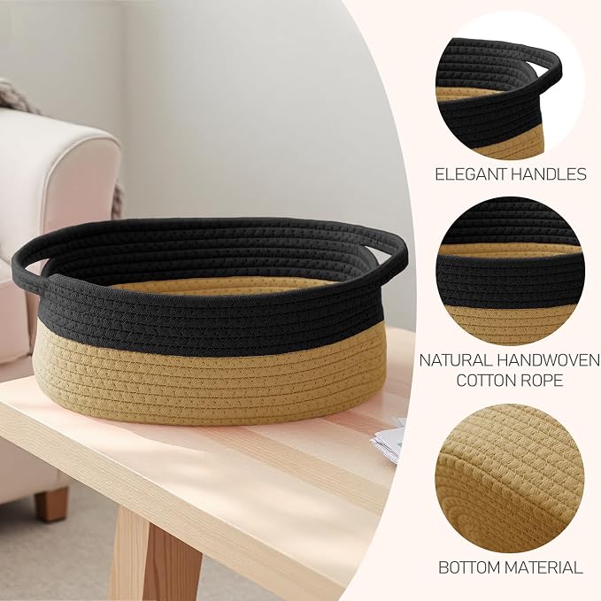 JMvicyroam Small Woven Basket, Empty Gift Basket, Black&Jute/1 Pack | Small Gift Basket, Cotton Rope, 12 x 8 x 81 in, Handles, Includes Ribbon and Bag, Birthday Gift Basket