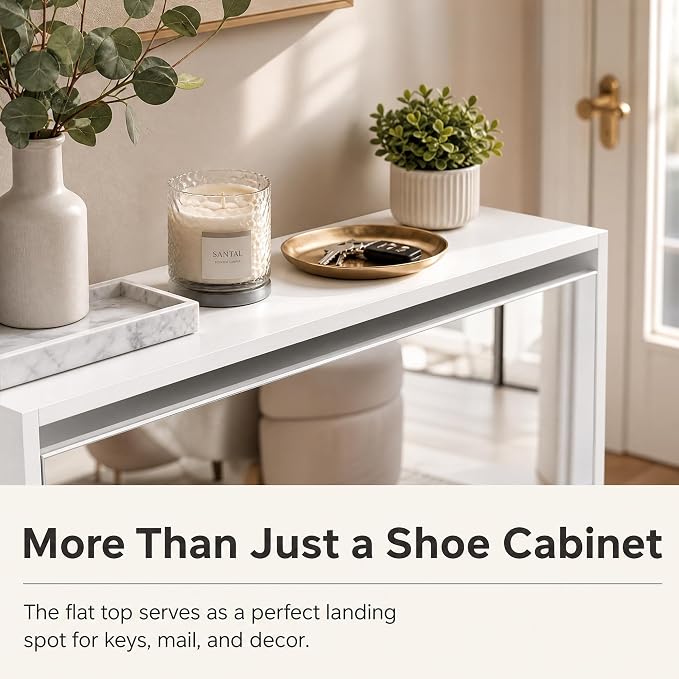 HOPUBUY Shoe Cabinet for Entryway, Narrow Shoe Storage with 3 Flip Drawers | Wood Slim Shoe Rack, 3 Tier Thin Shoe Organizer for Home and Apartment, Mirror