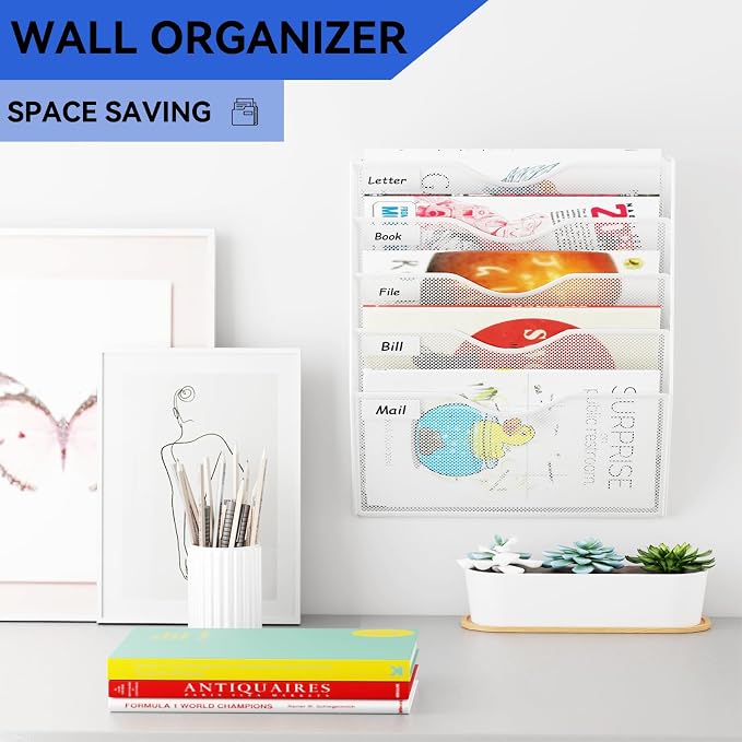 5 Pockets Hanging Wall File Organizer Mail Holder, Wall Mounted Paper Document Folder Holder, Clipboard Storage Organization Magazine Rack, White
