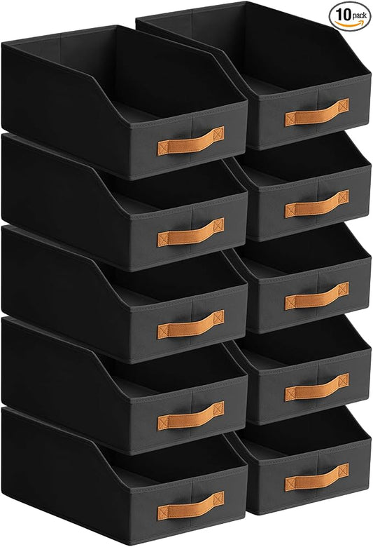 Fabric Storage Bins for Organizing - 10 Pack Large Trapezoid Collapsible Storage Bins with Front Handle, Closet Organizers and Storage for Bedroom, Home Shelves, Small Spaces, Black