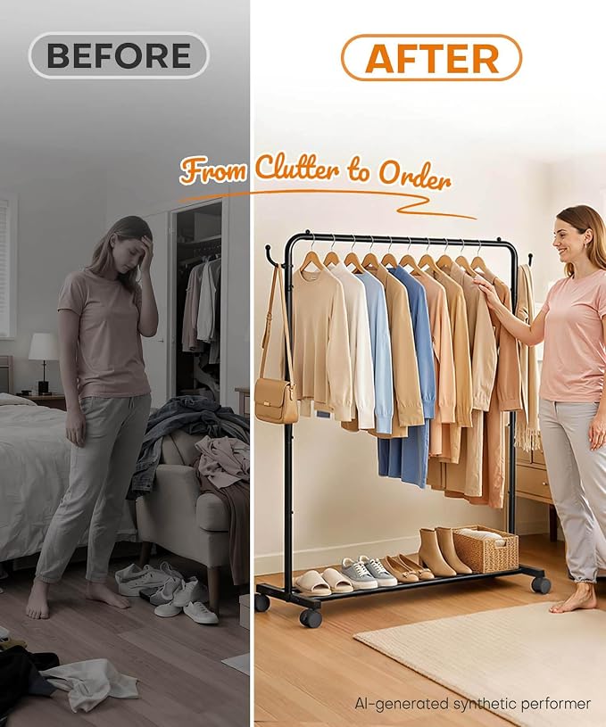 Homde Portable Clothes Rack for Bedroom: 4 Lockable Wheel Move Room-to-Room | Laundry to Closet in 1 Smooth Roll - No Heavy Lifting for Renters & Movers - 88 lbs Hanging Rod for Garment Coat to T-Shirt