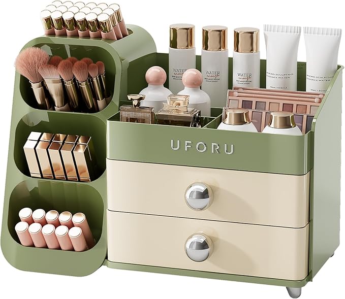 UFORU Makeup Organizer Countertop with Brush Holder for Vanity Bathroom | Large Capacity, Thickened Plastic, Compact Size, 2 Big Drawers, Detachable Brush Holder, Divided Compartments, Easy Access