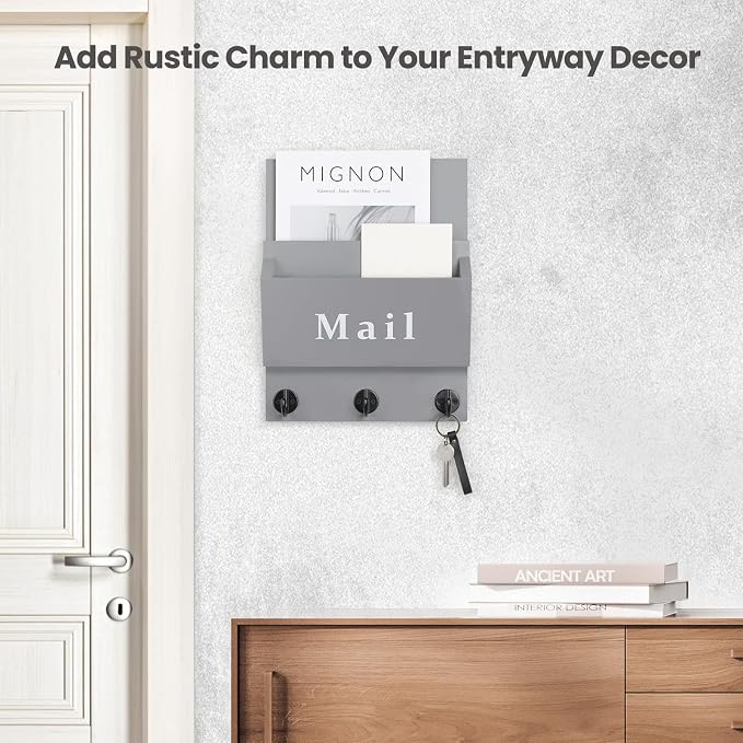 Mail and Key Holder, Wall Key Holder with 2 Mail Organizer Slot and 3 Hooks | Decorative 8.86" x 11.42" Mail Holder, Real Paulownia Wood with Keyhole Brackets, Hardware and Instructions
