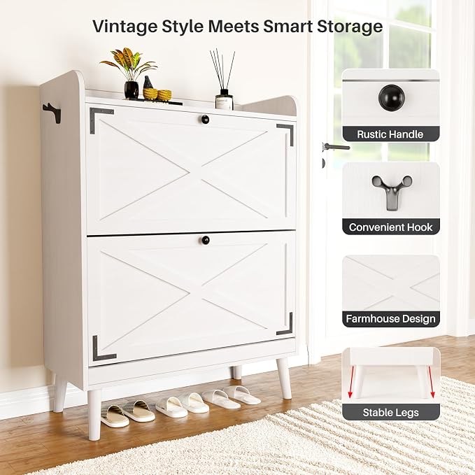 YZ HOME Shoe Storage Cabinet with 2 Flip Drawers | Entryway Shoe Cabinet, Metal Hooks & Adjustable Shelves, Freestanding Narrow Shoe Rack for Hallway Foyer, White
