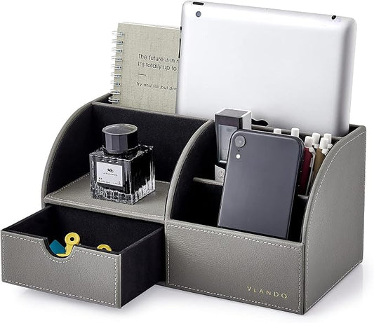 VLANDO Desk Organizer with Drawer for Office, Vanity and Nightstand, Grey | Leather caddy with compartments and drawer organizes office supplies, makeup and bedside essentials in one station