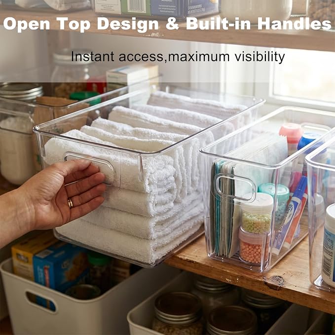 MOONEDGE 4 Pack Clear Plastic Organizer Bins, 2 Large & 2 Small Storage Set | Storage Bins for Pantry, Space-Saving Organizer Containers for Cabinets, Under-Sink, Bathroom, Kitchen, Freezer, Home Storage