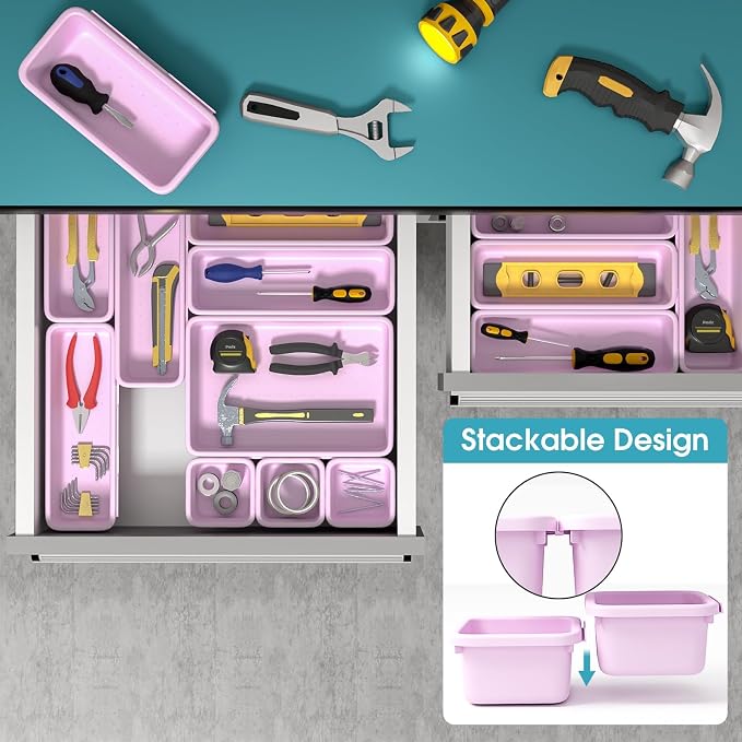16 PCS Drawer Organizer Set, 4 Size Makeup Drawer Divider Organizer With Non-Slip Pads, Interlocking Plastic Storage Bins for Office,Jewelry Vanity,Gadgets, Bathroom,Kitchen, Purple