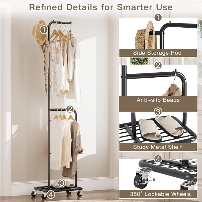 Small Rolling Clothing Rack with Shelf, Narrow Clothes Rack with Wheels | Gasvadivum 71" Tall Sturdy Metal Garment Rack with Hanging Rod, Freestanding Portable Coat Rack for Bedroom, Entryway, Black
