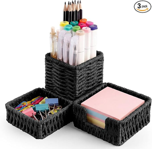 Black Paper Rope Woven Desk Organizer Set of 3 Natural Desktop Accessories Pencil Pen Cup Paper Clip Storage and Sticky Note Holder for Women Men Farmhouse Office Home Desktop Table Decor