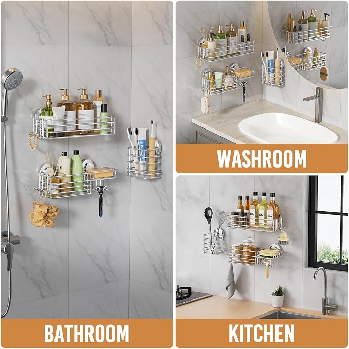 LEVERLOC Shower Caddy Suction Cup, 3 Pack Heavy Duty Shower Organizer | Silver Shower Caddies with Hooks, Soap Holder, Removable Bathroom Organizer, Rustproof Shower Storage, No Drill Shower Basket