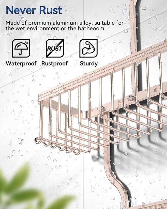 YASONIC Never Rust Shower Caddy Hanging, Aluminum Shower Racks for Inside Shower, 3-Tier Shower Organizer Hanging Over Shower Head with Hooks and Soap Holder, Rose Gold