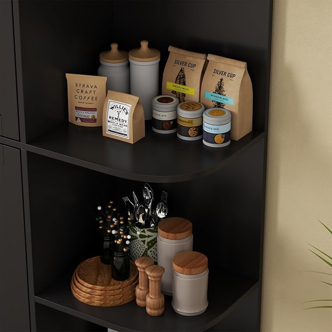 Kitchen Pantry Storage Cabinet, 64" Tall Freestanding Cupboard with Doors & Adjustable Shelves, Food Pantry Cabinet with 5-Tier External Shelf for Dining Room (Black)