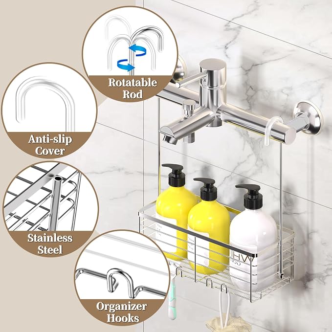 DELLAN Hanging Shower Organizer, Shower Rack with Hooks Over the Door | Bathroom Shower Caddy and Basket