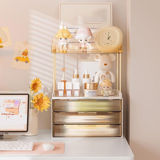 Delamu 5-Tier Makeup Organizer, Bathroom Counter Storage, 2 Drawers, Amber | Elegant Vanity Organizer Gift for Women, Holds Perfume, Skincare, Nail Polish & Hair Accessories for Bathroom Countertop
