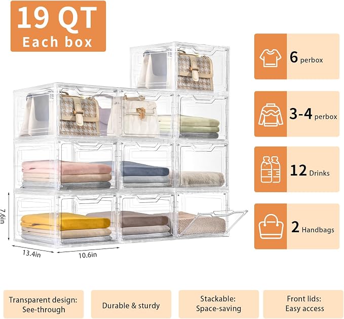 Freebat 6 Pack Closet Organizers and Storage,Clear Stackable Plastic Storage Bins with Lids Magnetic Doors,Clothes Organizers and Storage,Plastic Craft Containers for Wardrobe Kitchen Bathroom Office