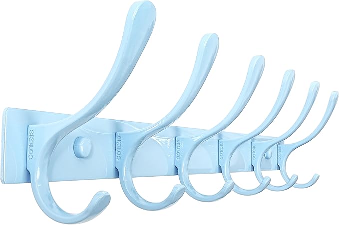 SKOLOO Wall Mounted Coat Rack - 6 Hooks, Heavy Duty, Stainless Steel, Metal Wall Hangers, Sturdy Coat Hooks for Hanging Coats, Jacket, Clothes, Hat, Blue