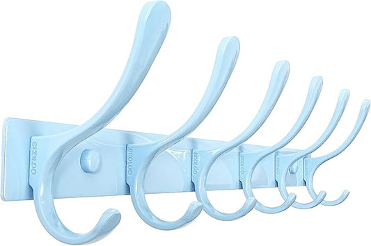 SKOLOO Wall Mounted Coat Rack - 6 Hooks, Heavy Duty, Stainless Steel, Metal Wall Hangers, Sturdy Coat Hooks for Hanging Coats, Jacket, Clothes, Hat, Blue