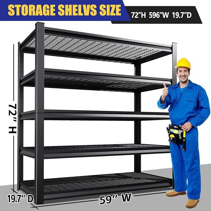 72"Hx59"Wx20"DGarage Shelving-2500 lbs 5 Tier Storage Shelves,Adjustable Heavy Duty Metal Shelving Unit and Storage Large Wire Rack,Utility Steel Shelf for Warehouse Industrial Pantry Basement