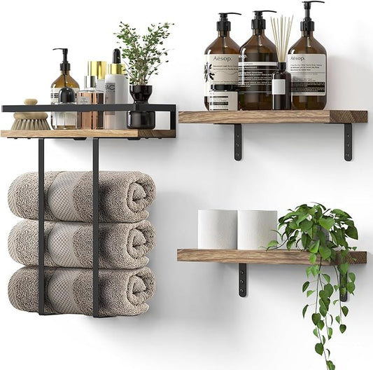 Towel Racks for Bathroom-Wall Mounted Floating Shelves for Wall Bathroom Bedroom Kitchen Living Room, Hanging Book Shelves Decor Bathroom Organizer, 16 inch Solid Wood, Carbonized Wood Color