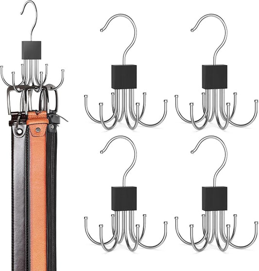 4 Pack Belt Hanger, Belt Organizer for Closet 360° Rotatable Max 24 Belt Storage Space Saving Closet Organizers and Storage Black